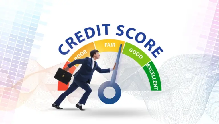 A man in a suit pushing a needle on a credit score gauge from "Fair" to "Good."