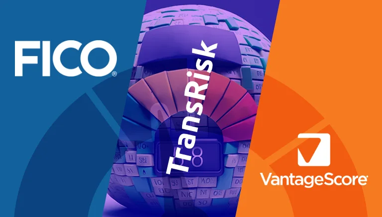 Logos of FICO, TransRisk, and VantageScore, three different credit scoring systems.