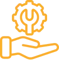 Icon of a hand holding a gear with a wrench inside, in yellow.