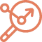 An orange icon of a magnifying glass with an upward arrow and nodes inside, representing analysis or growth.
