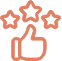 An orange icon of a thumbs-up with three stars above it.