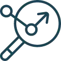 An icon of a magnifying glass with an upward arrow, symbolizing data analysis or growth.