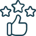 An icon of a thumbs-up with three stars above, symbolizing customer satisfaction or quality rating.