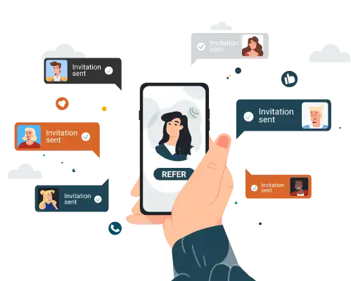 An illustration of a hand holding a smartphone displaying a profile with the word "REFER," surrounded by invitation notifications.