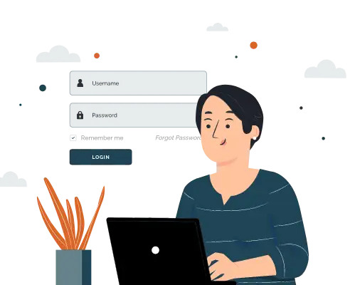 An illustration of a person sitting at a laptop with a login screen showing fields for username and password.