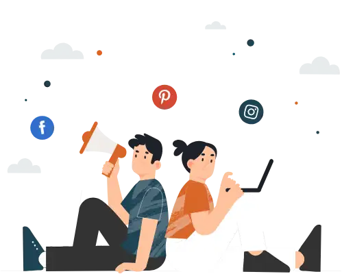 An illustration of two people sitting back-to-back, one with a megaphone and the other with a laptop, with social media icons above them.