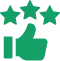 An green icon of a thumbs-up with three stars above it.