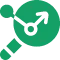 An green icon of a magnifying glass with an upward arrow and nodes inside, representing analysis or growth.