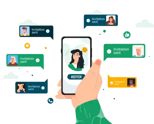 Hand holding a phone with a "Refer" button, surrounded by "Invitation sent" notifications and avatars.