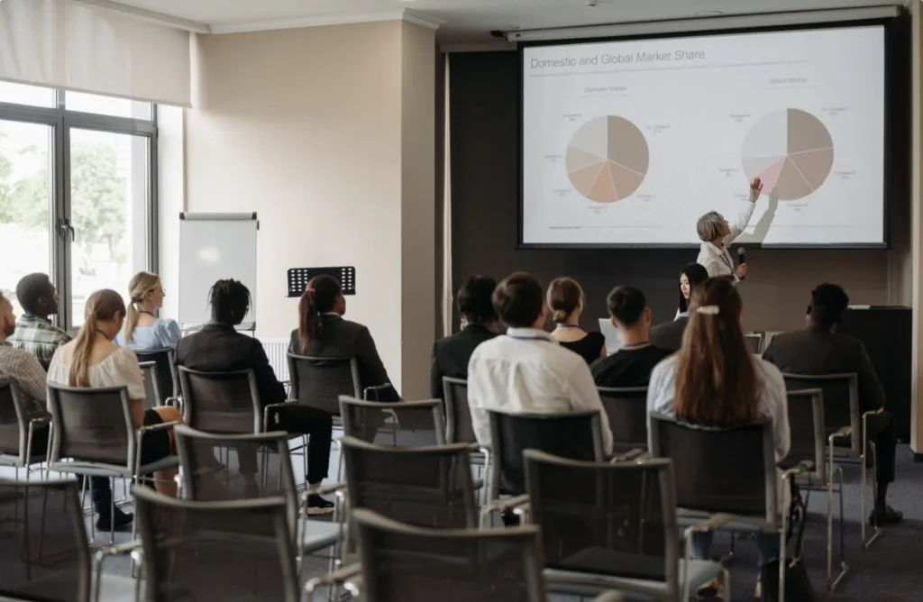 A group of people seated in a conference room, listening to a presentation on market share displayed on a screen.