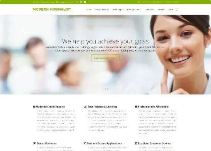 Modern Minimalist credit repair homepage with a smiling woman and text 'We help you achieve your goals.