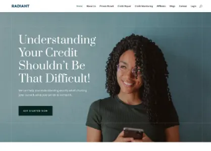 Smiling woman holding a phone with text, "Understanding Your Credit Shouldn’t Be That Difficult!" and a "Get Started Now" button.
