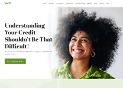 Website with a smiling woman, text: "Understanding Your Credit Shouldn't Be That Difficult!" and "Get Started Now!" button.